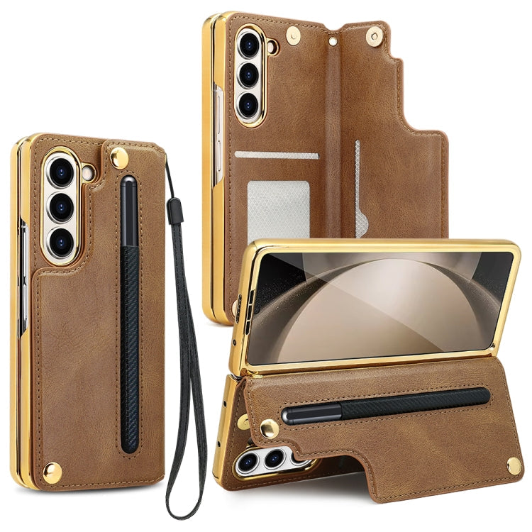 Pour Samsung Galaxy Z Fold5 VIETAO Film intégré support pliable étui de téléphone en PU (Marron)
