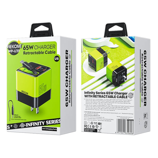 WK WP-U39 65W USB-C / Type-C, USB GaN Fast Charger with 80cm Type-C Cable, Plug Type:US Plug(Green)