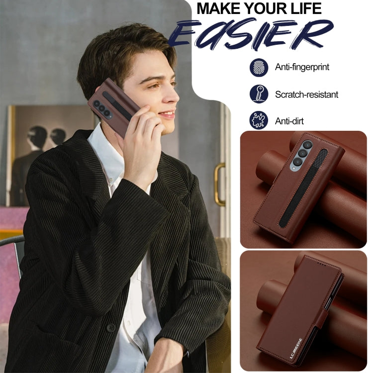 For Samsung Galaxy Z Fold4 LC.IMEEKE L1 Series Frosted Fine Texture PU Phone Case with Pen Slot, Pen Not Included(Brown)