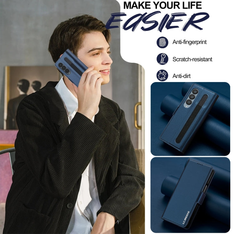 Pour Samsung Galaxy Z Fold4 LC.IMEEKE Série L1 Étui de téléphone en PU à texture fine givrée avec fente pour stylo, stylo non inclus (bleu)