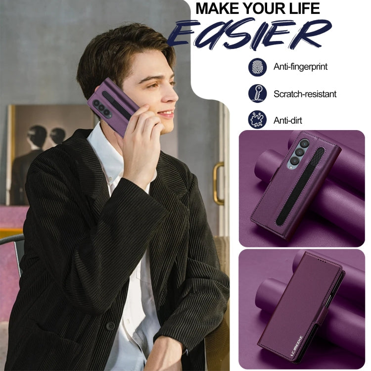 For Samsung Galaxy Z Fold4 LC.IMEEKE L1 Series Frosted Fine Texture PU Phone Case with Pen Slot, Pen Not Included(Purple)