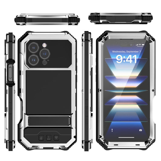 For iPhone 16 Pro Max R-JUST Life Waterproof Dustproof Shockproof Holder Phone Case(Silver)