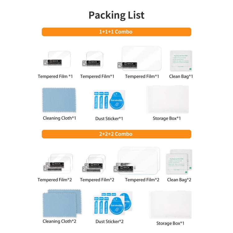 Pour GoPro HERO13 Black Sunnylife Protecteur d'objectif 3 en 1 Films en verre trempé pour écrans avant et arrière, Quantité : 2 + 2 + 2 Ensembles
