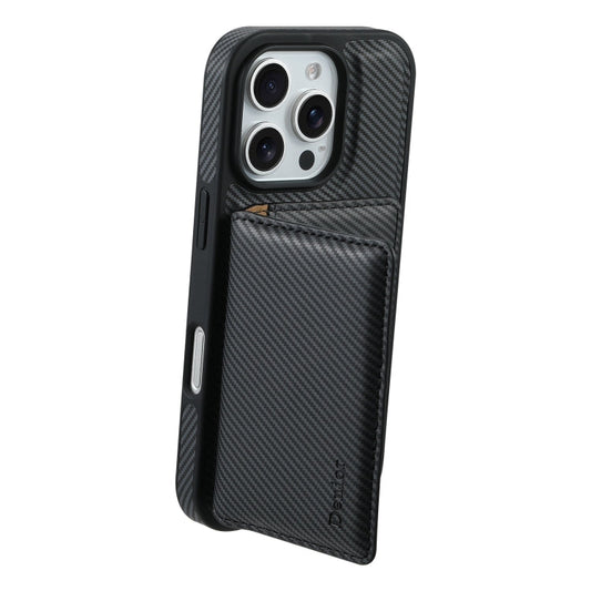 For iPhone 16 Pro Denior Carbon Fiber Texture Leather Card Bag MagSafe Phone Case(Black)