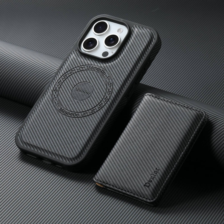 For iPhone 16 Pro Denior Carbon Fiber Texture Leather Card Bag MagSafe Phone Case(Black)