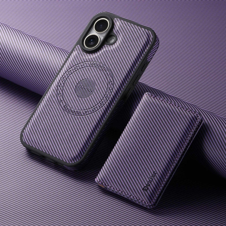 Pour iPhone 16 Plus Étui de Téléphone MagSafe en Cuir Texture Fibre de Carbone Denior avec Porte-Cartes (Violet)
