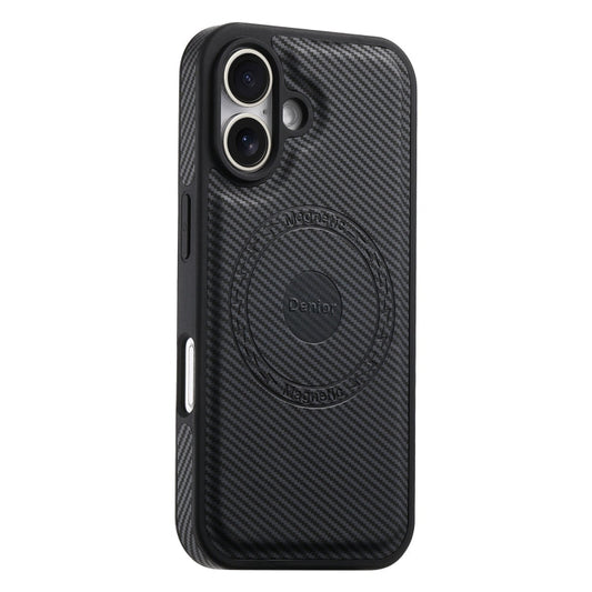 For iPhone 16 Plus Denior Carbon Fiber Texture Leather MagSafe Phone Case(Black)