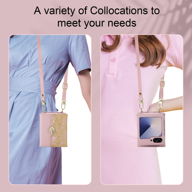 For Samsung Galaxy Z Flip6 / Flip7 FE POLA Multi-Card Slots Leaf Pattern Phone Case(Pink)