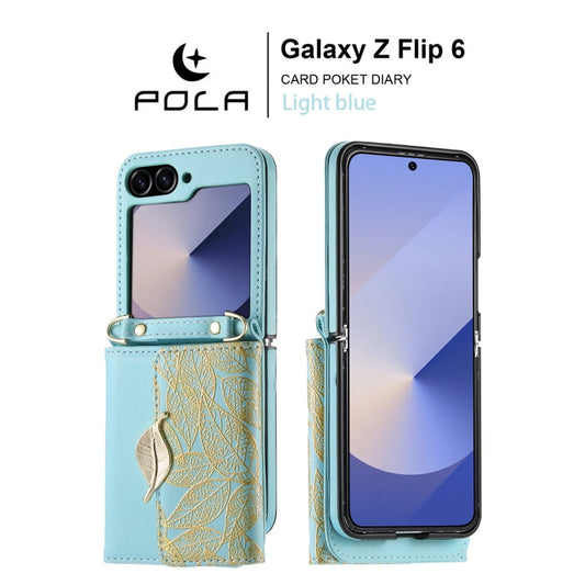 For Samsung Galaxy Z Flip6 / Flip7 FE POLA Multi-Card Slots Leaf Pattern Phone Case(Blue)