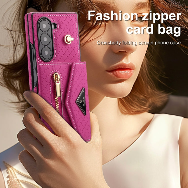 Pour Samsung Galaxy Z Fold6 Étui de téléphone portefeuille à fermeture éclair avec plusieurs fentes pour cartes et texture quadrillée POLA (rose rouge)