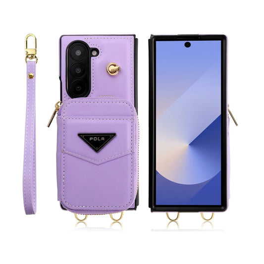 Pour Samsung Galaxy Z Fold6 POLA Coque de Téléphone Portefeuille à Fermeture Éclair Multi-Cartes (Violet)