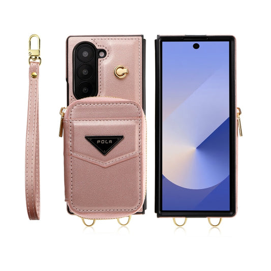 For Samsung Galaxy Z Fold6 POLA Multi-Card Slots Zipper Wallet Phone Case(Pink)