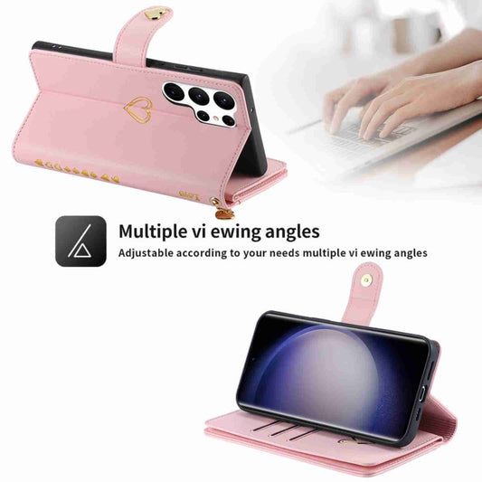 For Samsung Galaxy S23 Ultra 5G POLA Love Multi-Card Slots Zipper Wallet Leather Phone Case(Pink)