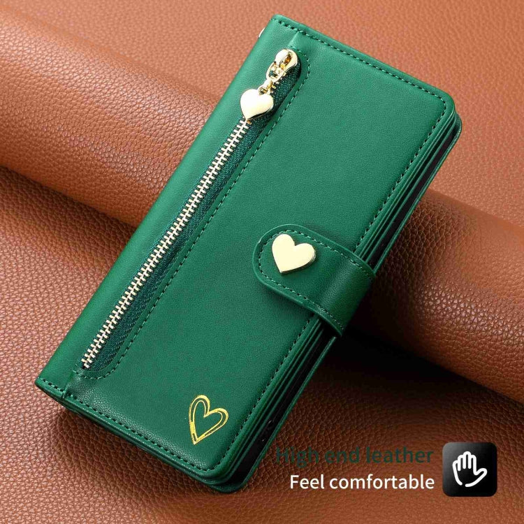 For iPhone 14 POLA Love Multi-Card Slots Zipper Wallet Leather Phone Case(Dark Green)