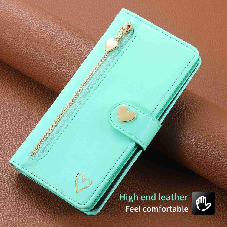 For iPhone 15 Pro POLA Love Multi-Card Slots Zipper Wallet Leather Phone Case(Light Green)