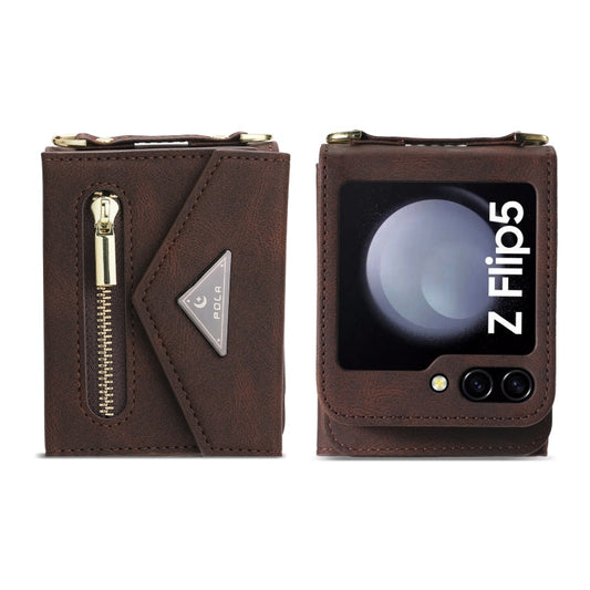 For Samsung Galaxy Z Flip5 POLA Skin Feel Multi-Card Slots Zipper Wallet Phone Case(Brown)