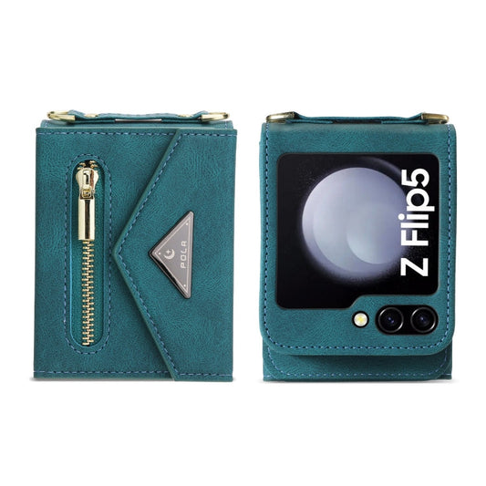 For Samsung Galaxy Z Flip5 POLA Skin Feel Multi-Card Slots Zipper Wallet Phone Case(Green)