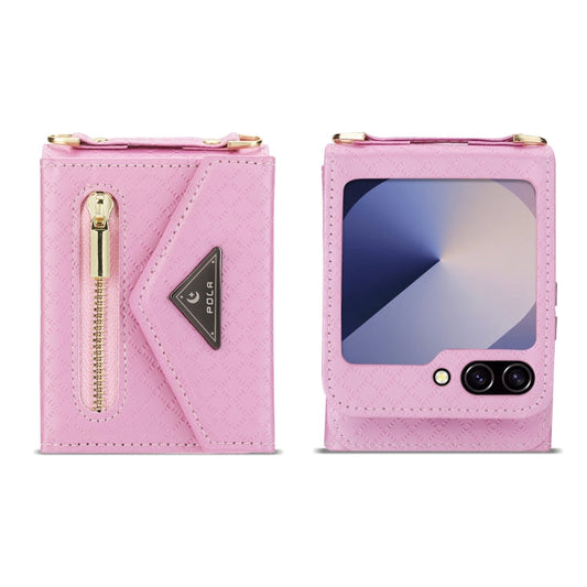 For Samsung Galaxy Z Flip6 POLA Grid Texture Multi-Card Slots Zipper Wallet Phone Case(Pink)