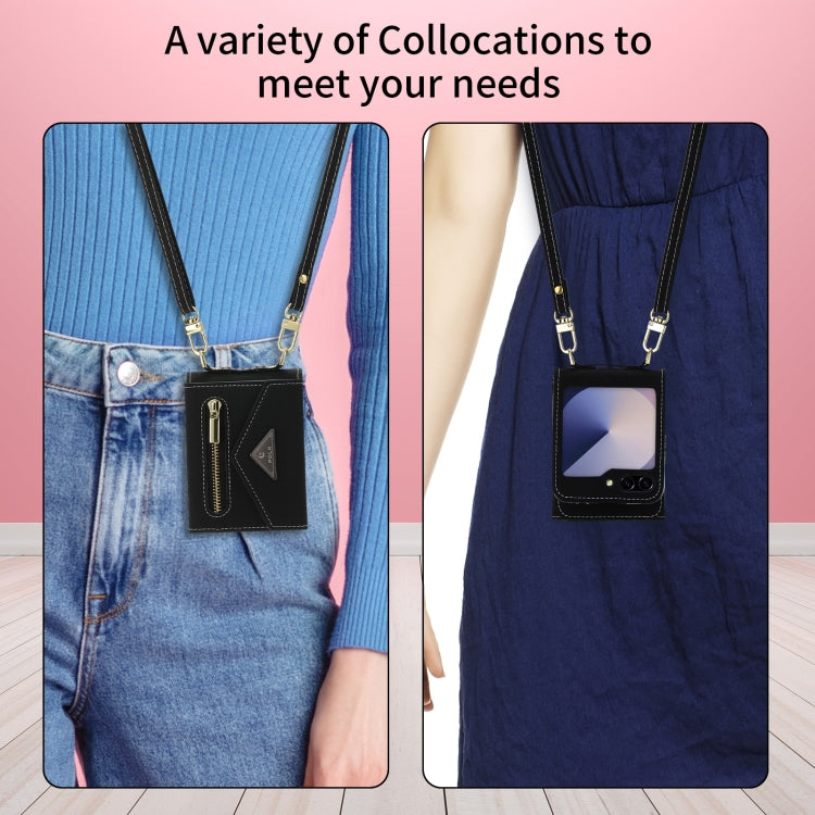 For Samsung Galaxy Z Flip6 POLA Grid Texture Multi-Card Slots Zipper Wallet Phone Case(Black)