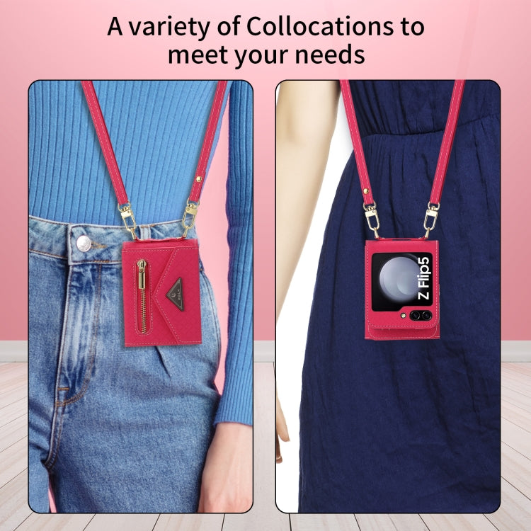 For Samsung Galaxy Z Flip5 POLA Grid Texture Multi-Card Slots Zipper Wallet Phone Case(Rose Red)