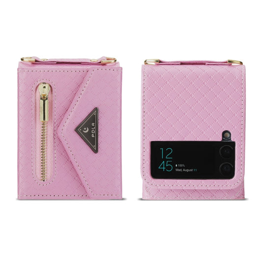 For Samsung Galaxy Z Flip4 POLA Grid Texture Multi-Card Slots Zipper Wallet Phone Case(Pink)