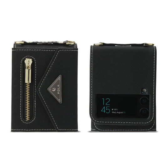 For Samsung Galaxy Z Flip4 POLA Grid Texture Multi-Card Slots Zipper Wallet Phone Case(Black)