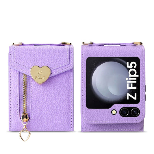 For Samsung Galaxy Z Flip5 POLA Litchi Texture Love Buckle Multi-Card Slots Zipper Wallet Phone Case(Purple)