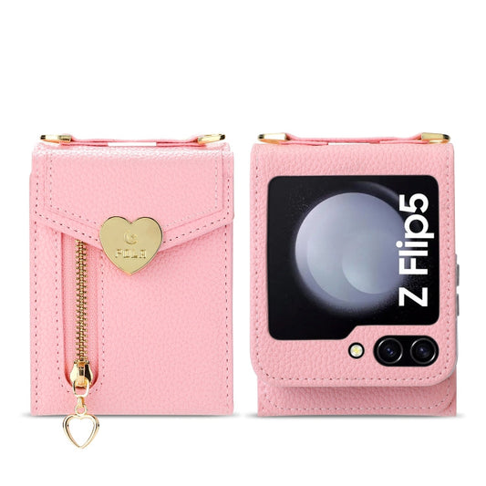 For Samsung Galaxy Z Flip5 POLA Litchi Texture Love Buckle Multi-Card Slots Zipper Wallet Phone Case(Pink)