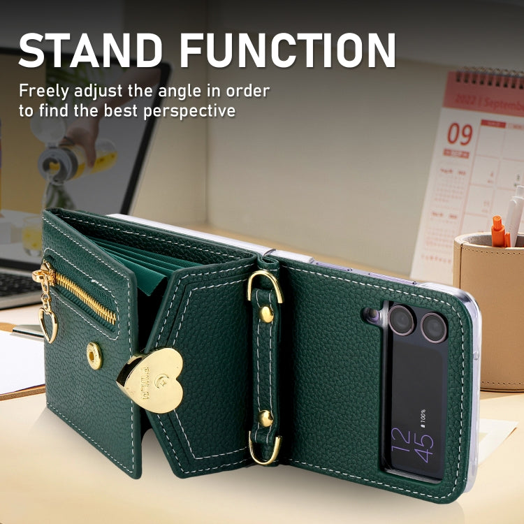 Pour Samsung Galaxy Z Flip4, étui portefeuille avec fermeture éclair, texture Litchi, boucle en forme de cœur, plusieurs emplacements pour cartes (vert)