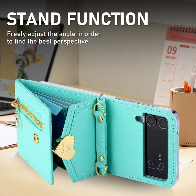 For Samsung Galaxy Z Flip3 5G POLA Litchi Texture Love Buckle Multi-Card Slots Zipper Wallet Phone Case(Blue)