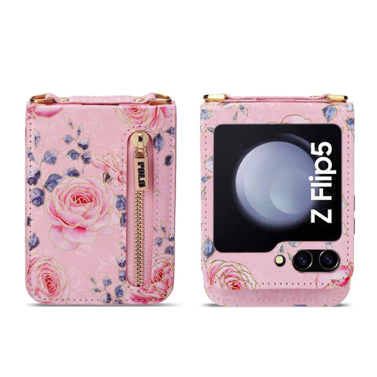 For Samsung Galaxy Z Flip5 POLA Rose Pattern Multi-Card Slots Zipper Wallet Phone Case(Pink)