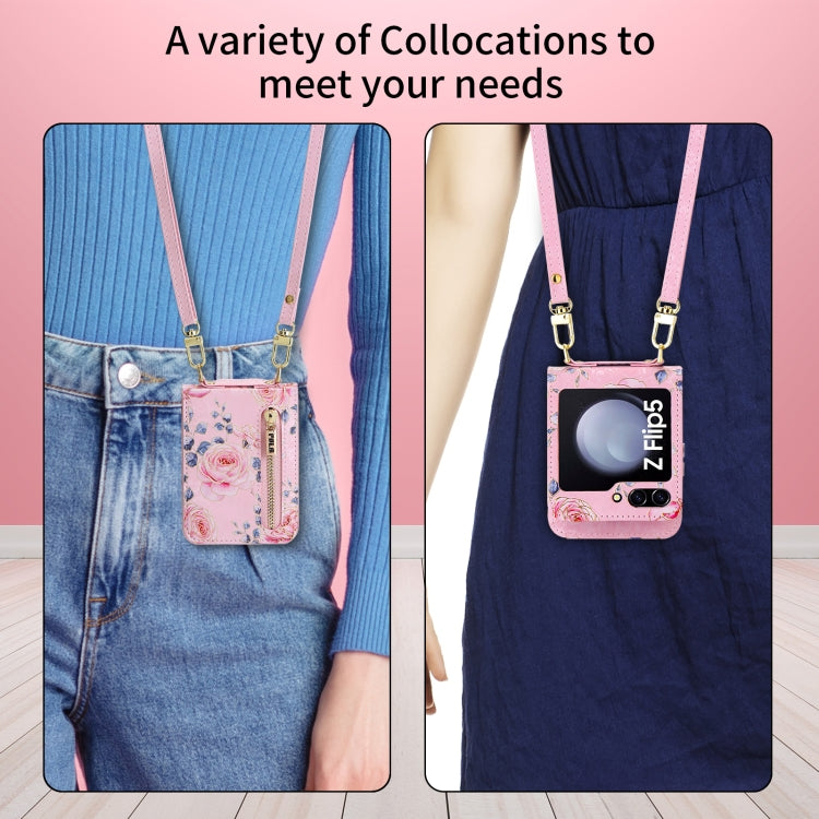 For Samsung Galaxy Z Flip5 POLA Rose Pattern Multi-Card Slots Zipper Wallet Phone Case(Pink)