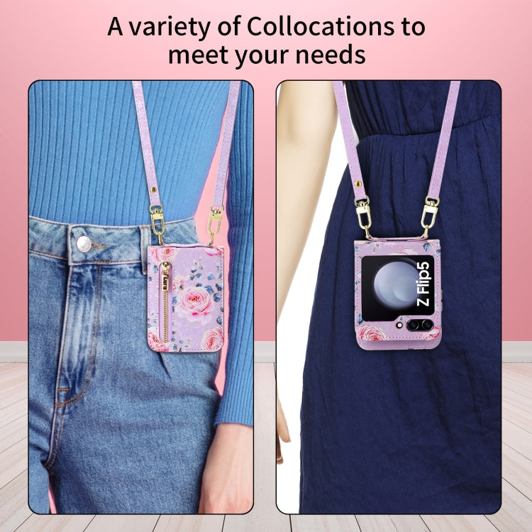 For Samsung Galaxy Z Flip5 POLA Rose Pattern Multi-Card Slots Zipper Wallet Phone Case(Purple)