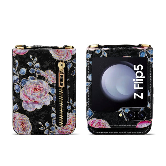For Samsung Galaxy Z Flip5 POLA Rose Pattern Multi-Card Slots Zipper Wallet Phone Case(Black)