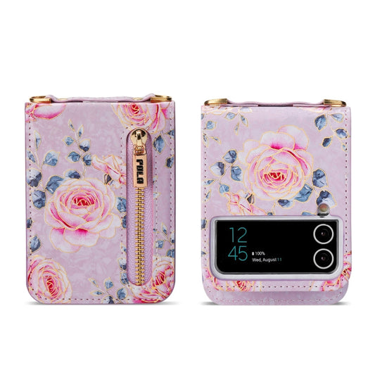 For Samsung Galaxy Z Flip4 POLA Rose Pattern Multi-Card Slots Zipper Wallet Phone Case(Purple)