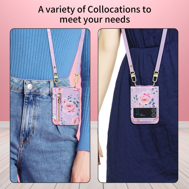For Samsung Galaxy Z Flip4 POLA Rose Pattern Multi-Card Slots Zipper Wallet Phone Case(Purple)