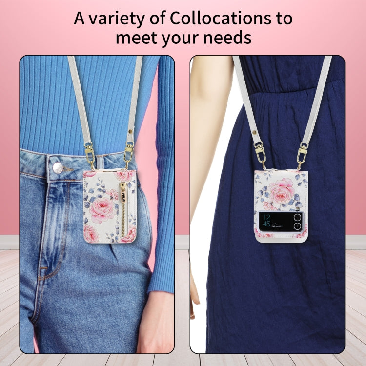Pour étui de téléphone portefeuille à fermeture éclair multi-fentes pour cartes avec motif rose POLA pour Samsung Galaxy Z Flip3 5G (blanc)