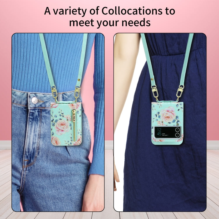 For Samsung Galaxy Z Flip3 5G POLA Rose Pattern Multi-Card Slots Zipper Wallet Phone Case(Cyan)