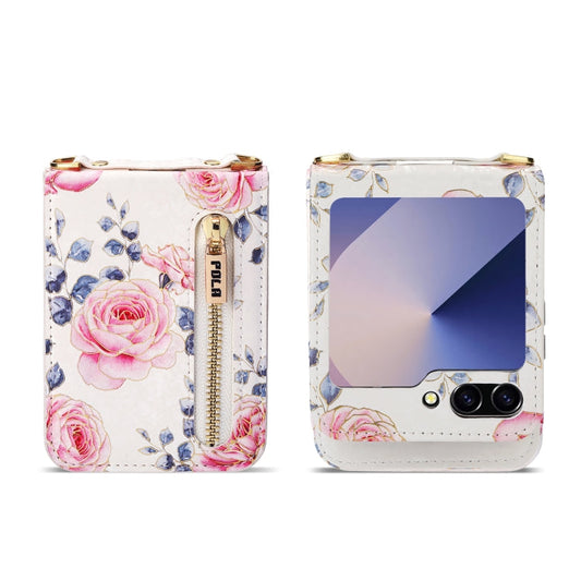 For Samsung Galaxy Z Flip6 / Flip7 FE POLA Rose Pattern Multi-Card Slots Zipper Wallet Phone Case(White)