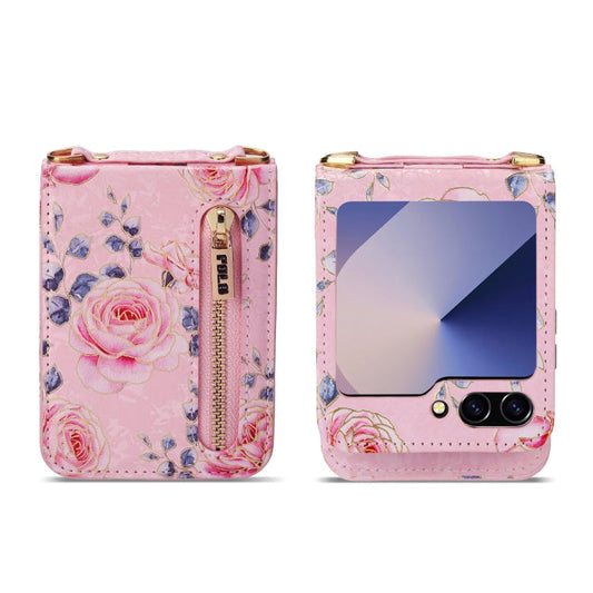 For Samsung Galaxy Z Flip6 / Flip7 FE POLA Rose Pattern Multi-Card Slots Zipper Wallet Phone Case(Pink)