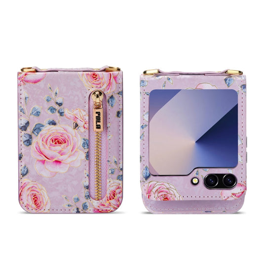 For Samsung Galaxy Z Flip6 / Flip7 FE POLA Rose Pattern Multi-Card Slots Zipper Wallet Phone Case(Purple)