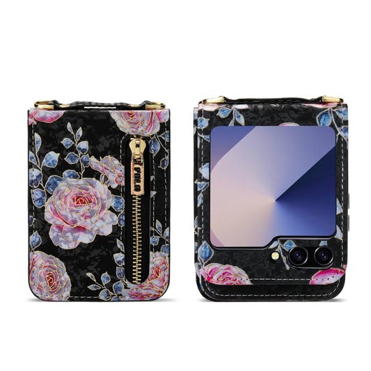 For Samsung Galaxy Z Flip6 / Flip7 FE POLA Rose Pattern Multi-Card Slots Zipper Wallet Phone Case(Black)