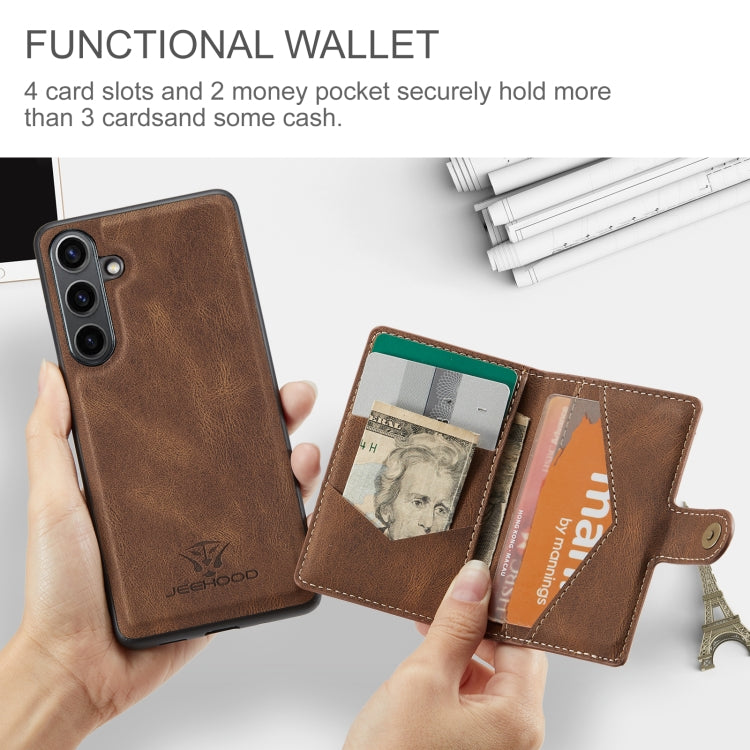 Pour Samsung Galaxy S24 FE 5G JEEHOOD J01 Étui Portefeuille Téléphone Rétro Magnétique Détachable (Marron)