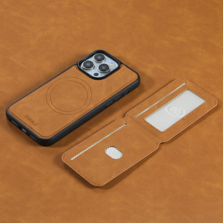 For iPhone 15 Pro Max ESEBLE E2 Retro Texture Card Slots MagSafe RFID Leather Case(Yellow)
