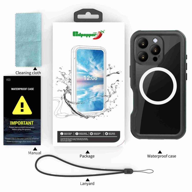 For iPhone 16 Pro RedPepper IP68 Waterproof Triple-proof MagSafe Phone Case(Black Blue)