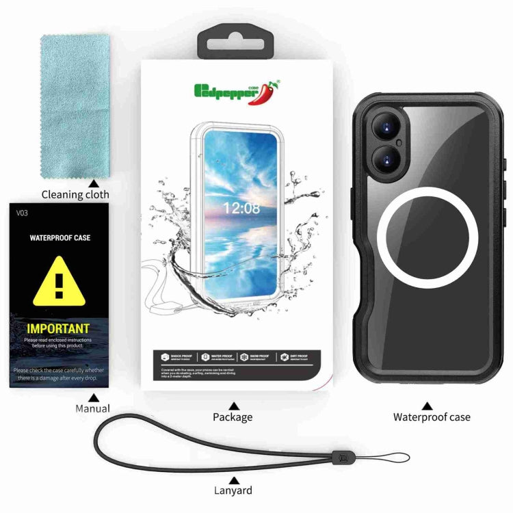 For iPhone 16 RedPepper IP68 Waterproof Triple-proof MagSafe Phone Case(Black)
