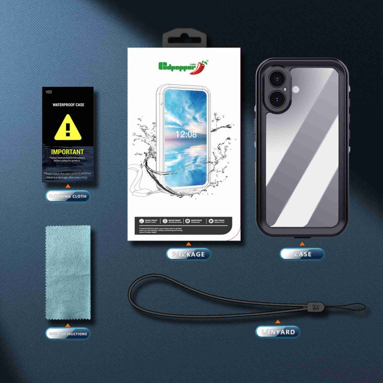 For iPhone 16 Plus RedPepper Transparent Dot IP68 Waterproof Triple-proof Phone Case(Black Dark Grey)
