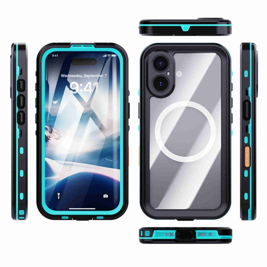 For iPhone 16 Plus RedPepper Transparent Dot IP68 Waterproof Triple-proof MagSafe Phone Case(Black Blue)