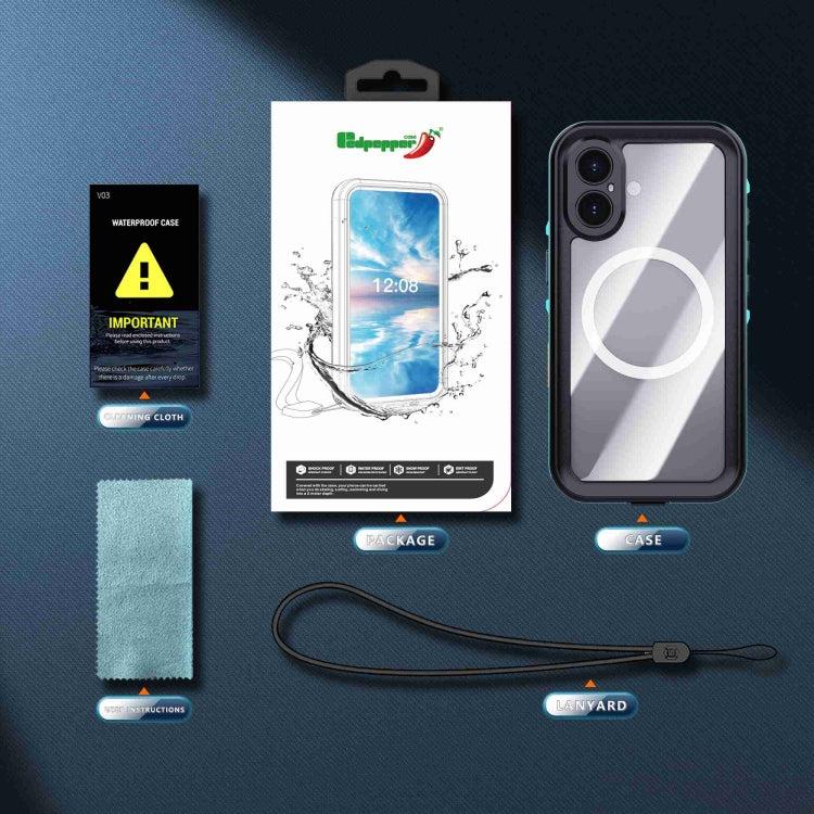 For iPhone 16 Plus RedPepper Transparent Dot IP68 Waterproof Triple-proof MagSafe Phone Case(Black Blue)
