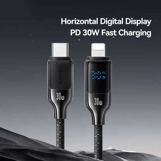 USAMS SJ741 30W USB-C / Type-C to 8 Pin Zinc Alloy Digital Display Fast Data Cable, Length: 1.2m(Gun Color)